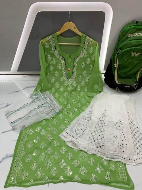 Mirror Work Kurta Sharara Set Green4