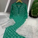 Mirror Work Kurta Sharara Set Green4