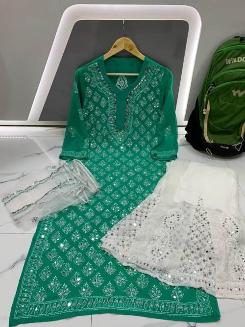 Mirror Work Kurta Sharara Set Green4