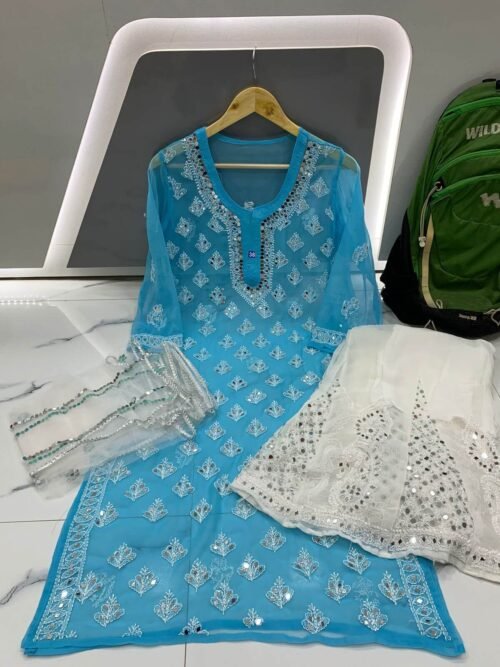 Mirror Work Kurta Sharara Set Sky Blue