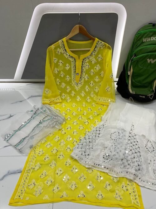 Mirror Work Kurta Sharara Set Yellow