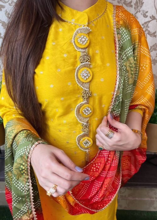 South Silk Hand Work Kurti Yellow